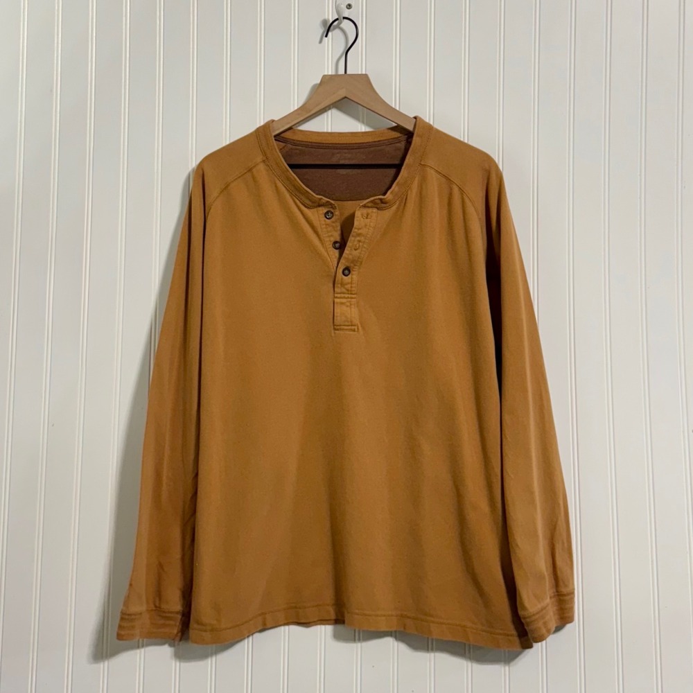 St John's Bay Mens Henley Shirt XL Caramel Brown Cotton Long Sleeve Gorpcore Y2K